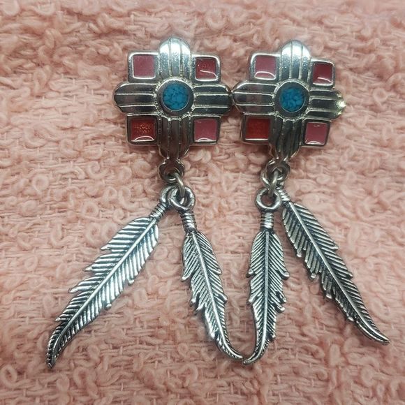 Silver-tone and Turquoise Center Stone w/ Red Hearts and Feather Dangle Earrings - Picture 2 of 5
